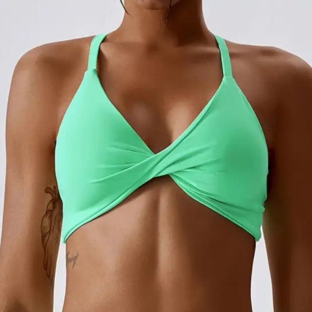 Womens Yoga Gym Fitness Running Sports Bra Twisted Front Seafoam Green Size S